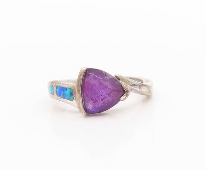 925 Sterling Silver Vintage Ring Triangle Amethyst Fire Opal Band Sz 6  RG33375