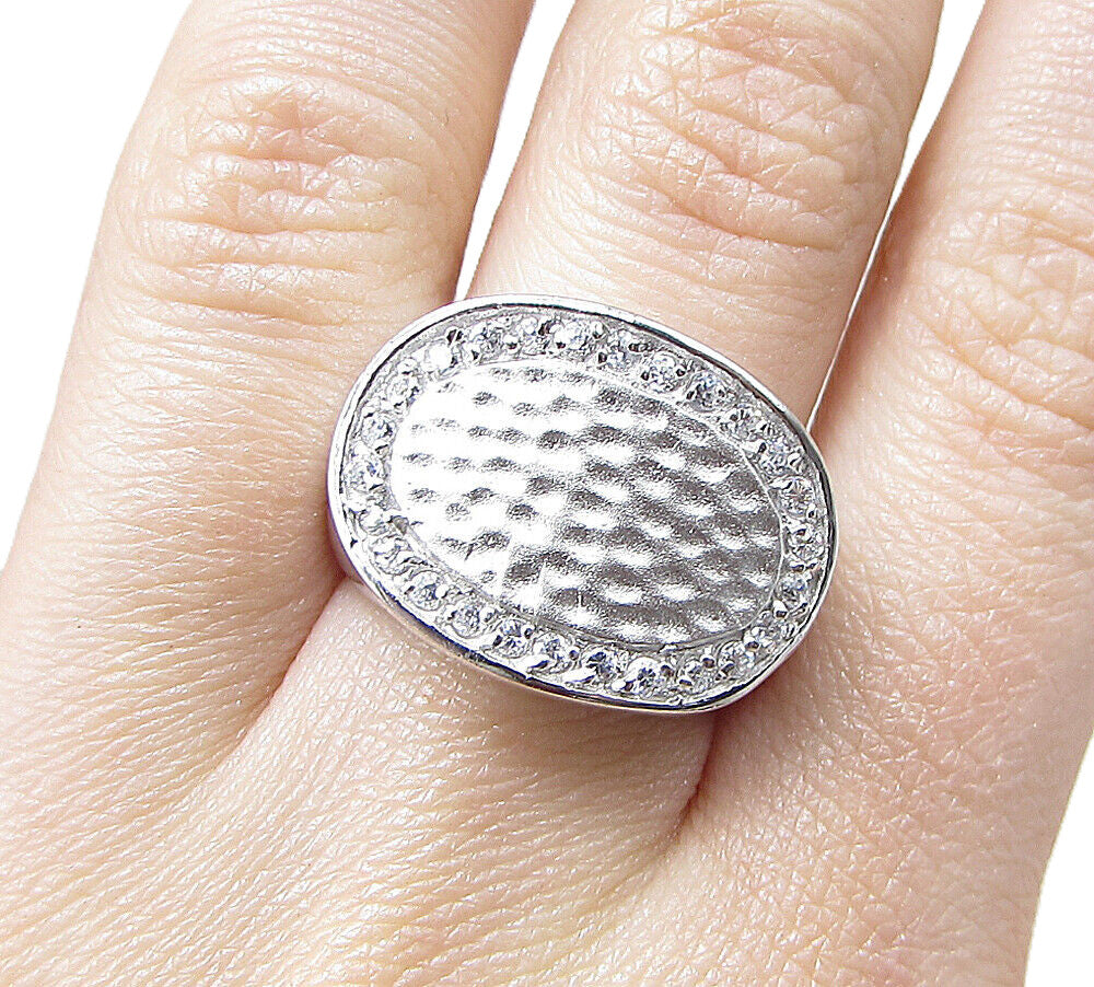 925 Sterling Silver  White Cubic Zirconia Hammered Thick Band Ring Sz 7  RG1969