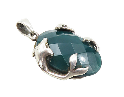 925 Sterling Silver  Vintage Faceted Green Agate Dolphins Drop Pendant  PT6598