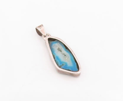 925 Sterling Silver Vintage Pendant Modernist Blue Drusy Quartz Charm  PT25788