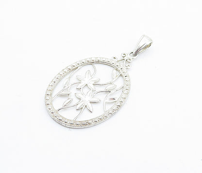 925 Sterling Silver  Vintage Shiny Open Floral Vine Oval Drop Pendant  PT4215