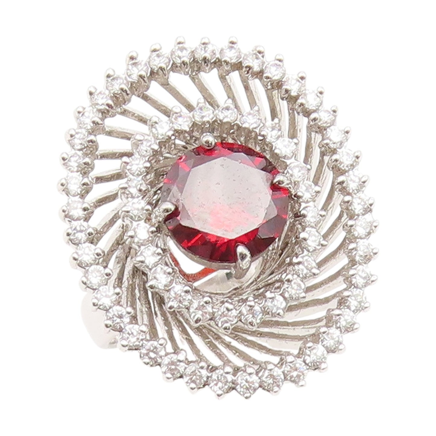925 Sterling Silver Vintage Ring Red & White CZ Statement Band  Sz 9  RG35199