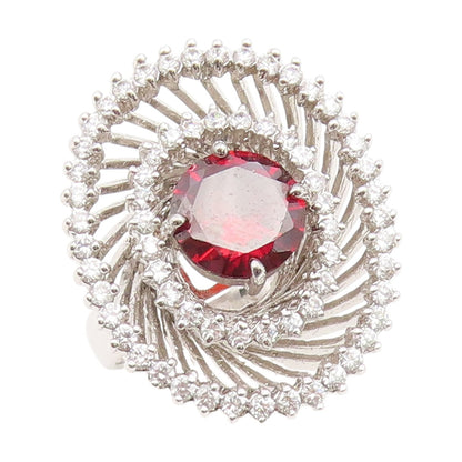 925 Sterling Silver Vintage Ring Red & White CZ Statement Band  Sz 9  RG35199