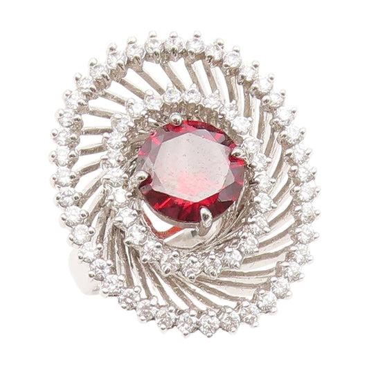 925 Sterling Silver Vintage Ring Red & White CZ Statement Band  Sz 9  RG35199