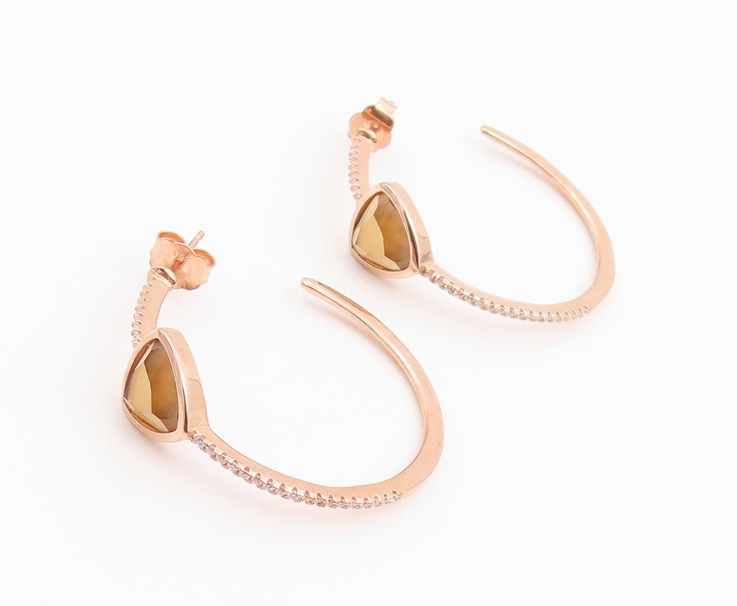 925 Sterling Silver Vintage Earrings Gold Plated Smoky Quartz & CZ Hoop  EG14236