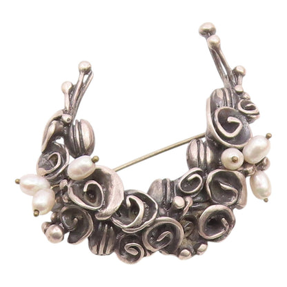 925 Sterling Silver  Vintage Petite Pearls Modernist Floral Brooch Pin  BP9111