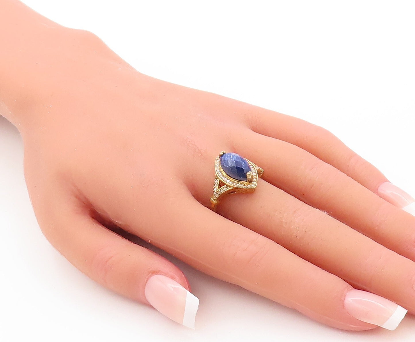 925 Sterling Silver Vintage Ring Gold Plated Sapphire & Diamonds  Sz 8  RG29775