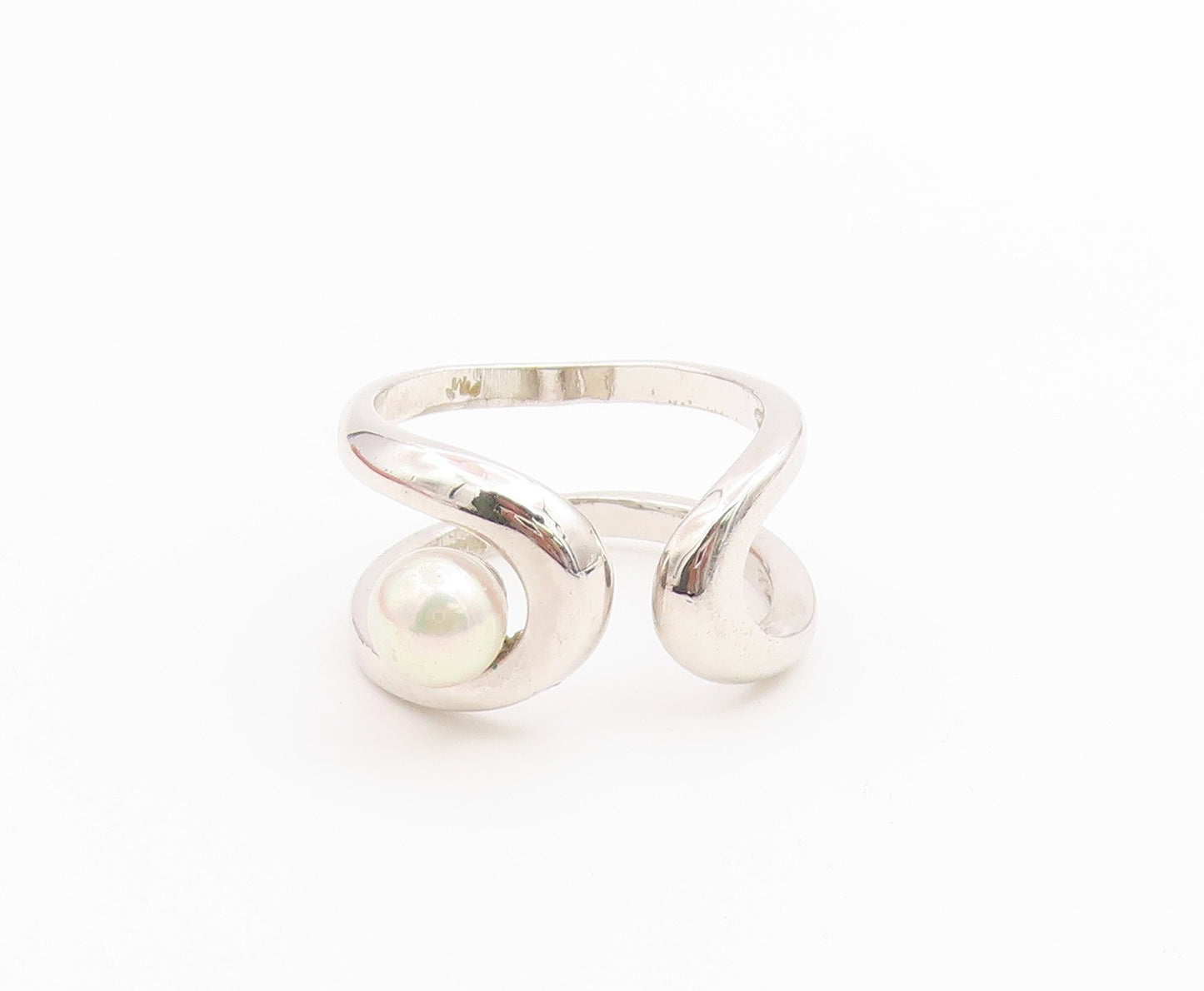 925 Sterling Silver Vintage Ring Abstract Wave Pearl Open Band  Sz 9  RG36678