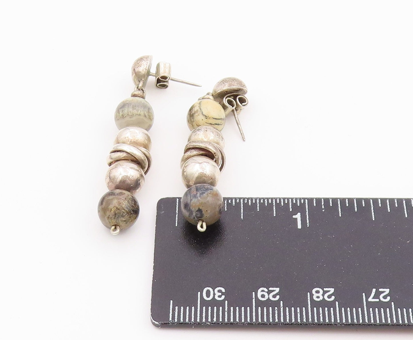 925 Sterling Silver Vintage Earrings Modernist Jasper Beaded Dangle  EG14438