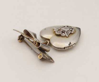 925 Silver  Vintage US Army Ribbon Love Heart Brooch Pin (OPENS)  BP10203