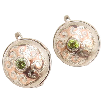 925 Sterling Silver Vintage Earrings Round Peridot Scrollwork Leverback  EG14446