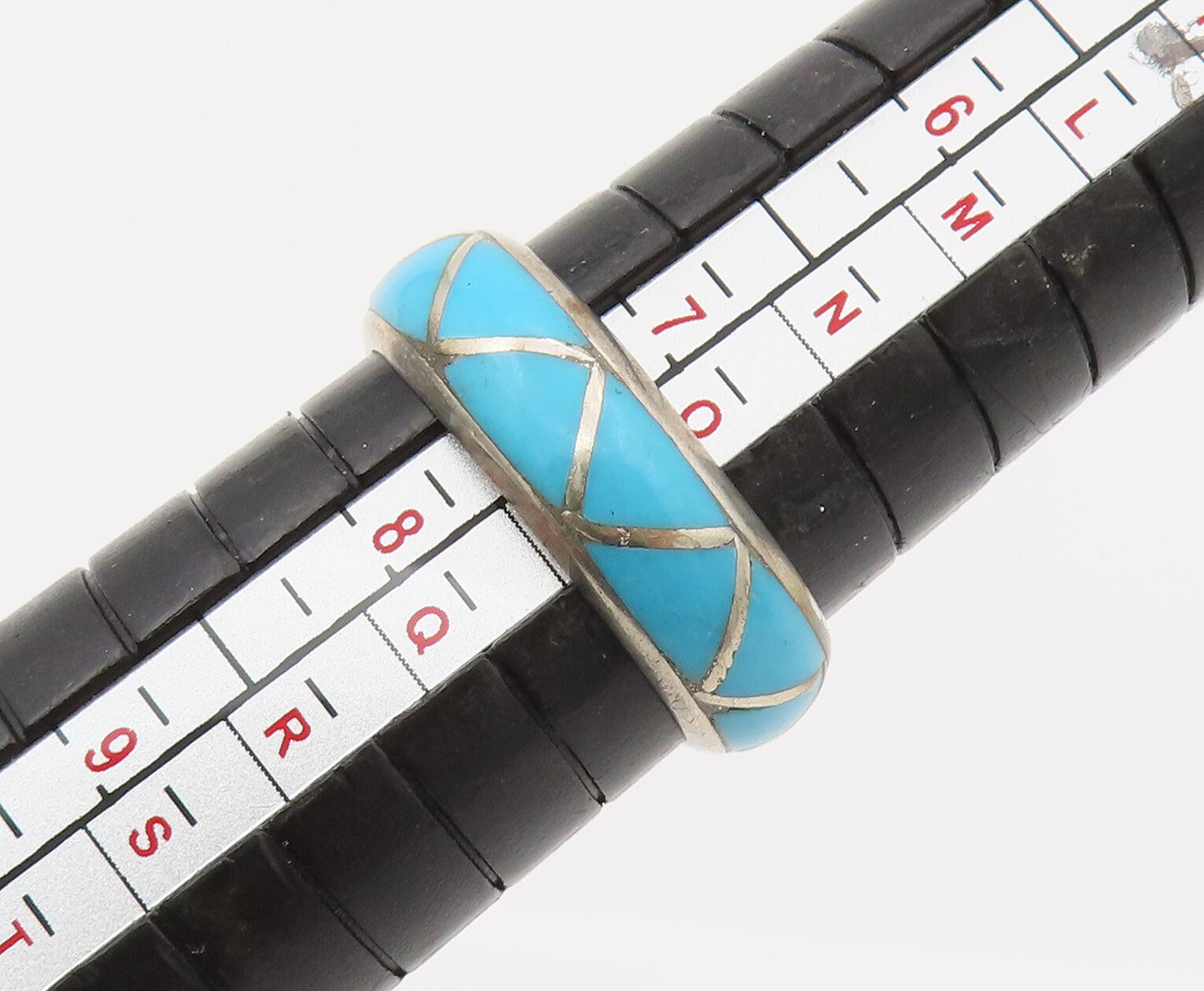 SOUTHWESTERN 925 Silver Vintage Blue Enamel Inlay Triangle Ring Sz 7 RG26698