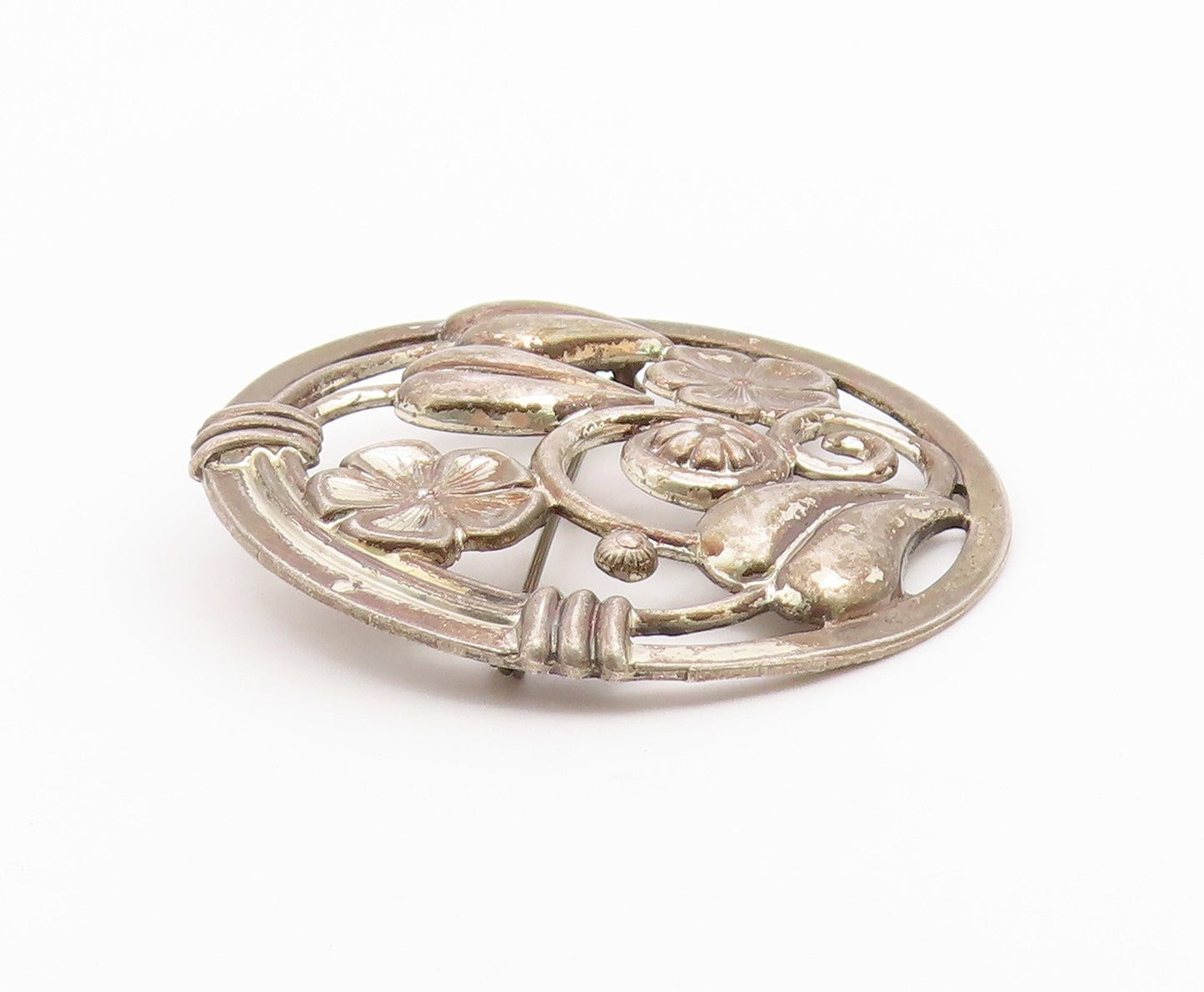 LANG 925 Silver  Vintage Dark Tone Floral Swirl Vine Round Brooch Pin  BP5505