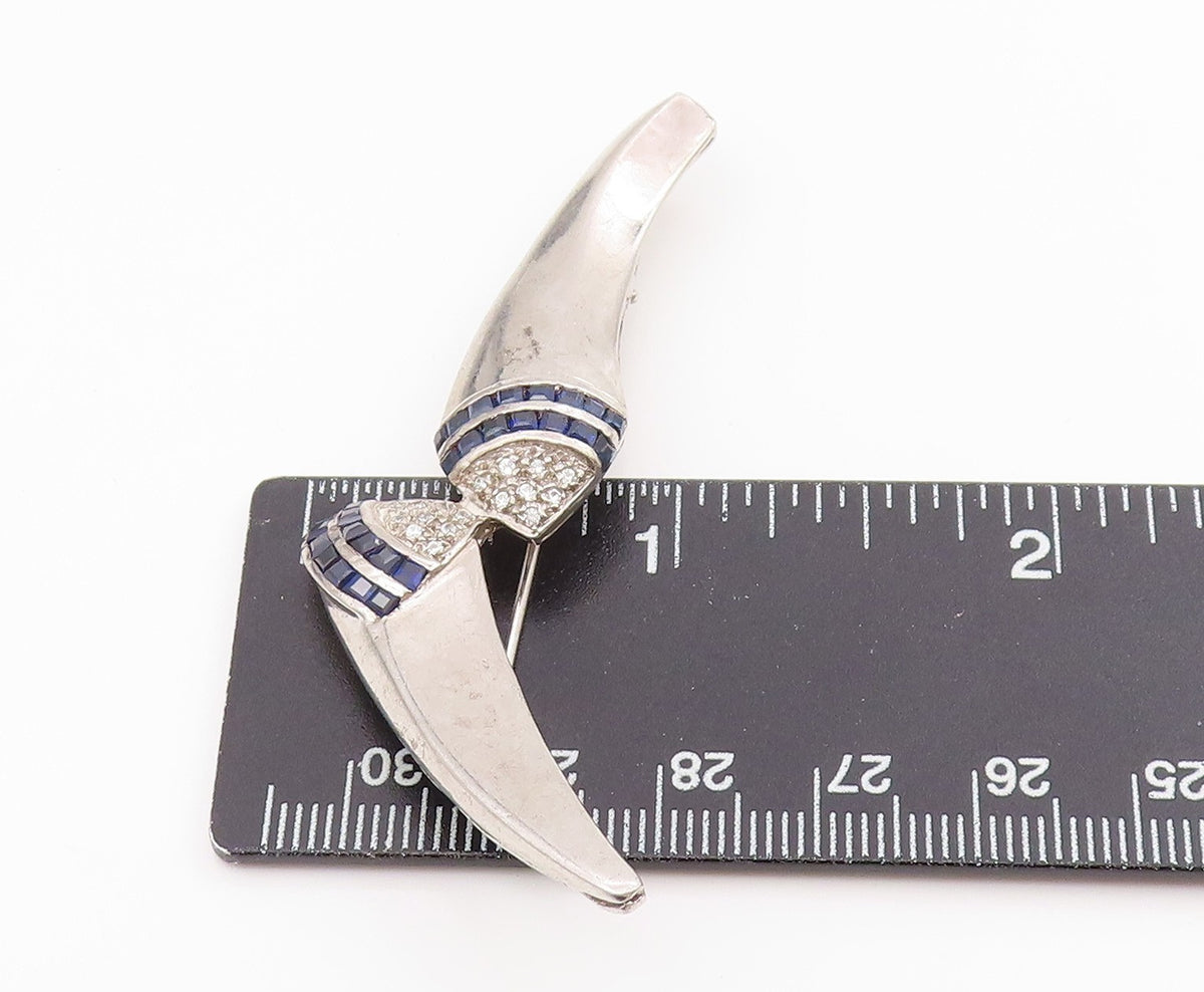 925 Sterling Silver Vintage Brooch Pin Real Diamonds & Sapphire Curves  BP12192