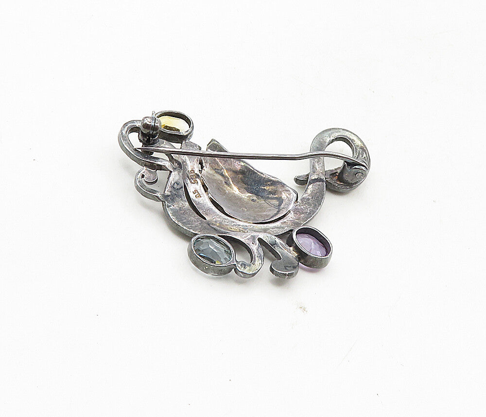 925 Sterling Silver  Vintage Amethyst Topaz & Citrine Swan Brooch Pin  BP3439