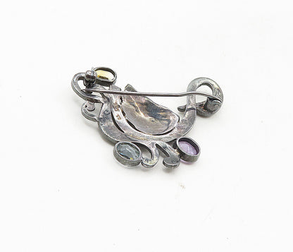 925 Sterling Silver  Vintage Amethyst Topaz & Citrine Swan Brooch Pin  BP3439