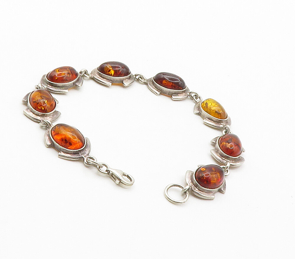 925 Sterling Silver  Vintage Cabochon Cut Amber Oval Chain Bracelet  BT5913