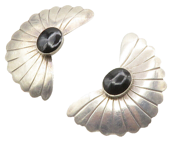 NAVAJO 925 Silver  Vintage Cabochon Cut Black Onyx Drop Earrings  EG7711