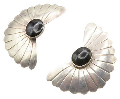 NAVAJO 925 Silver  Vintage Cabochon Cut Black Onyx Drop Earrings  EG7711