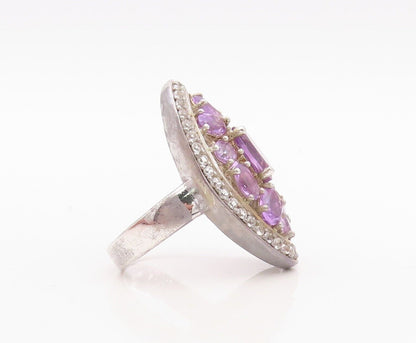 925 Sterling Silver Vintage Ring Oval Cut Amethyst & Topaz Inlay  Sz 7  RG30033