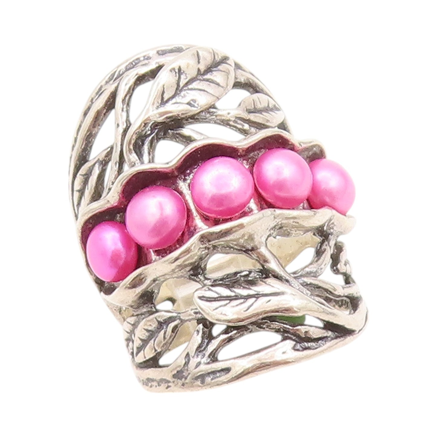 925 Sterling Silver Vintage Ring ISRAEL Pink Pearls Brutalist Cut  Sz 7  RG32406