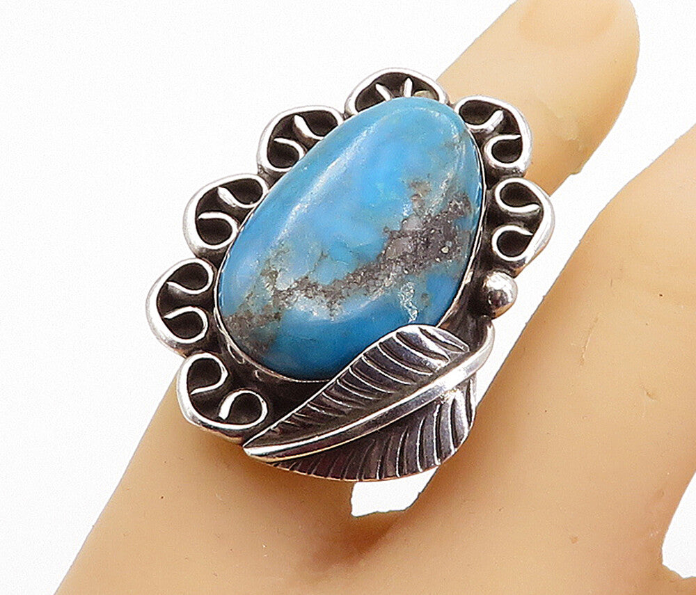 NAVAJO 925 Silver  Vintage Turquoise Leaf Swirl Cocktail Ring Sz 6  RG3871