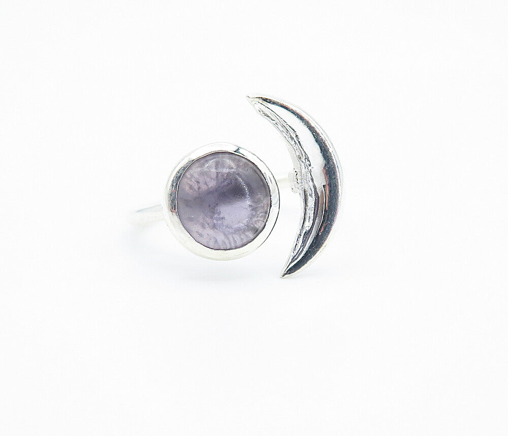 925 Sterling Silver  Cabochon Cut Amethyst Crescent Moon Band Ring Sz 8 RG8148