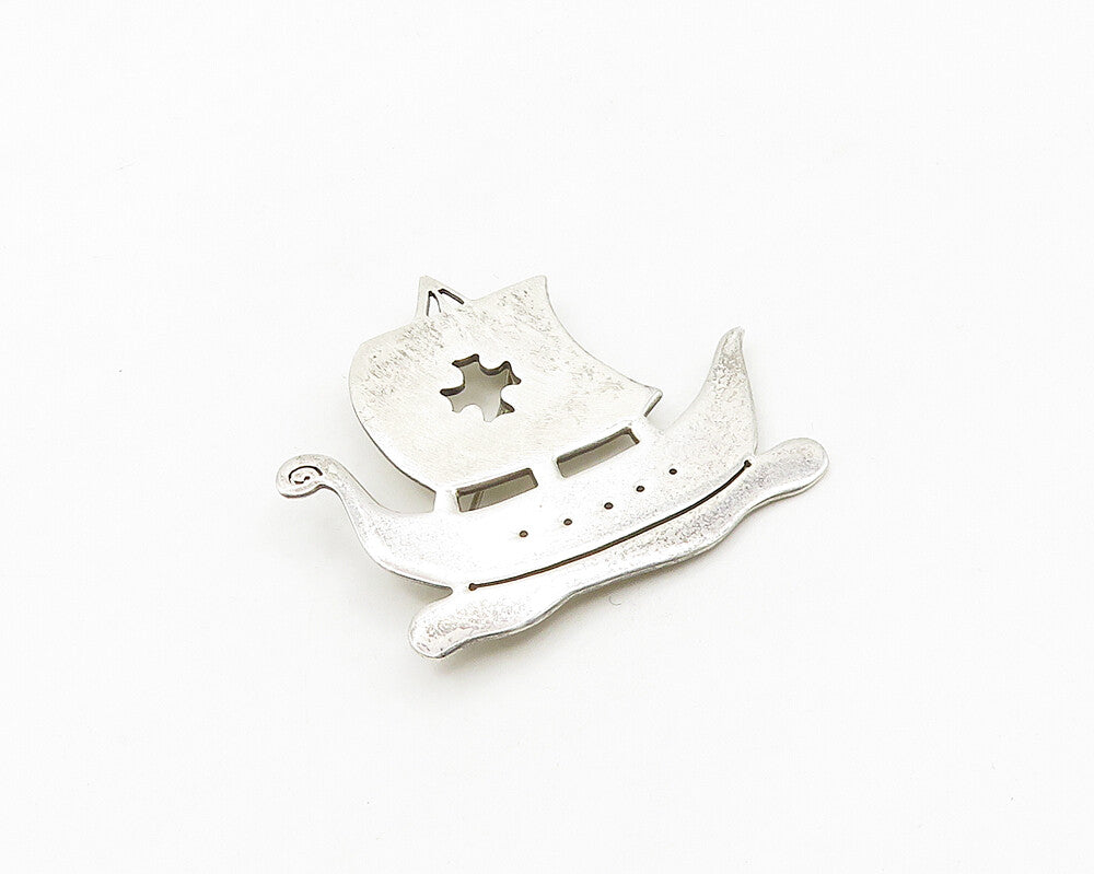 925 Sterling Silver  Vintage Cross Cutout Sailing Ship Motif Brooch Pin BP7092