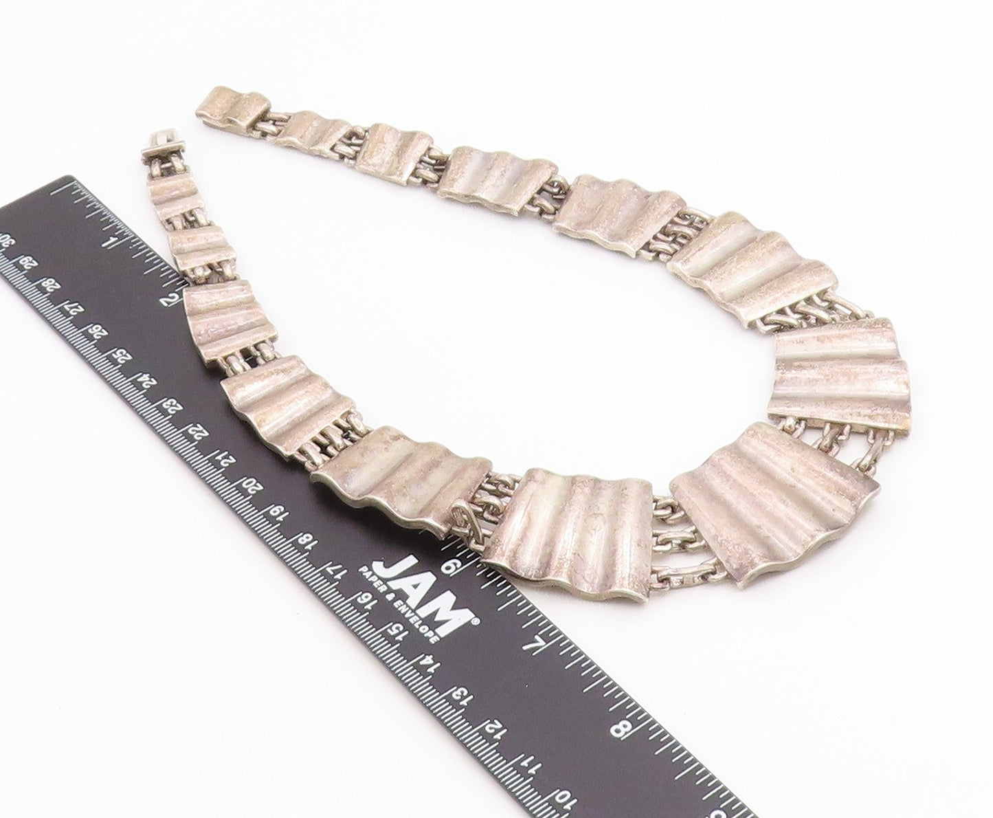 925 Sterling Silver Vintage Necklace Modernist Textured Wave Panel Choker NE4887