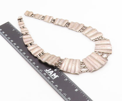 925 Sterling Silver Vintage Necklace Modernist Textured Wave Panel Choker NE4887