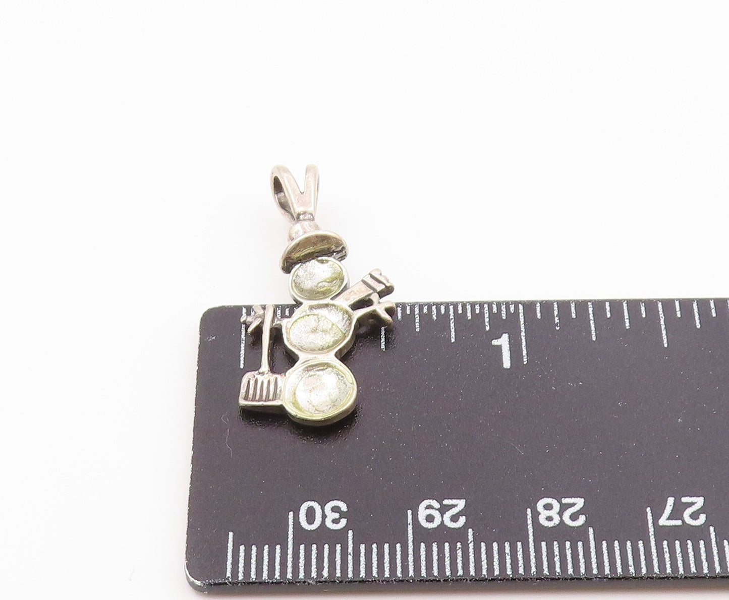 925 Sterling Silver  Vintage Shiny Winter Snowman With Shovel Pendant  PT17384