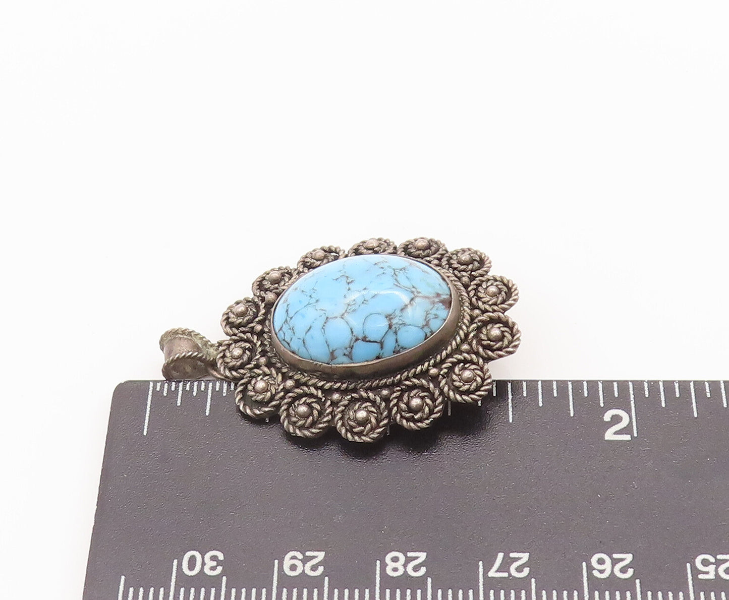 925 Sterling Silver Vintage Brooch Pin ISRAEL Turquoise Roped Flowers  BP10703