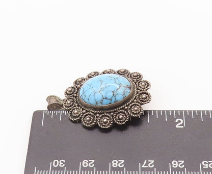 925 Sterling Silver Vintage Brooch Pin ISRAEL Turquoise Roped Flowers  BP10703