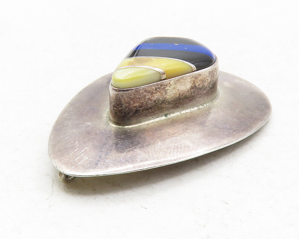 ZUNI 925 Silver  Vintage Lapis Lazuli Onyx &Mother Of Pearl Pendant  PT10208