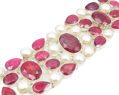 925 Sterling Silver  Freshwater Pearls & Tear Drop Ruby Chain Bracelet  BT7652