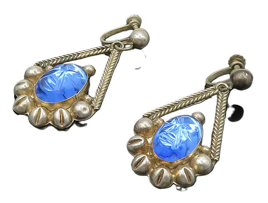 MEXICO 925 Silver  Vintage Face Carved Blue Topaz Dangle Earrings  EG8138