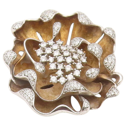 925 Sterling Silver Vintage Pendant Classic CZ Gilded Petals Blossom  PT26411