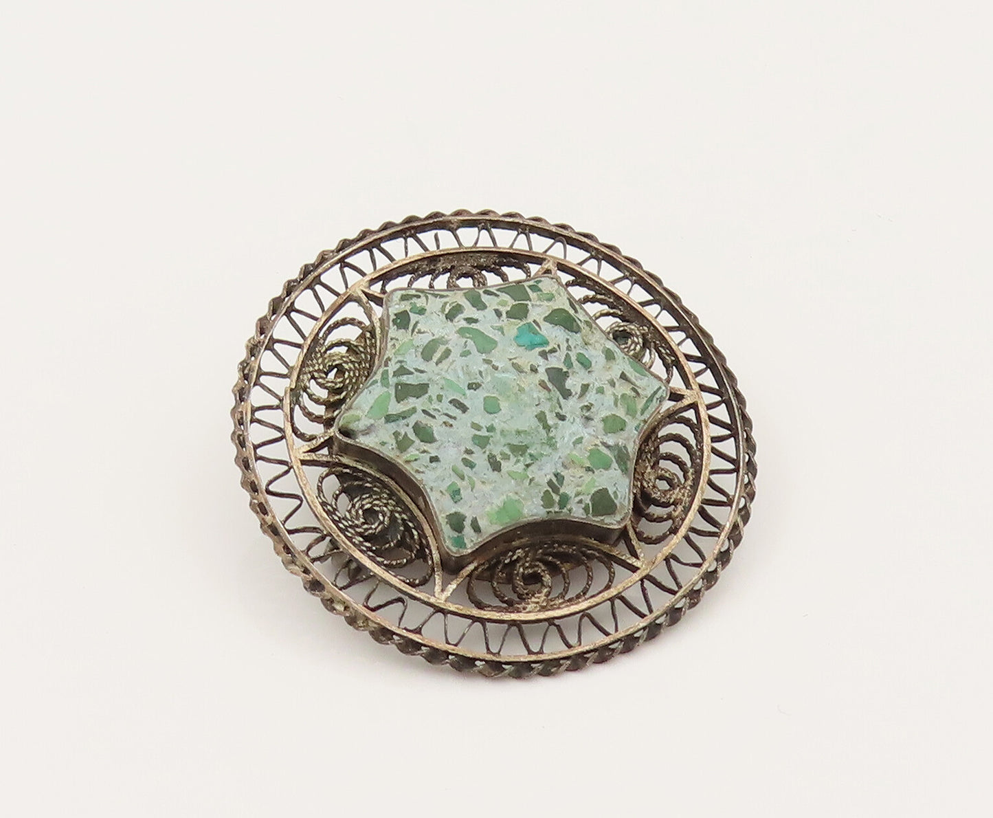 ISRAEL 925 Silver  Vintage Crushed Chrysocolla Star Wire Brooch Pin  BP10284