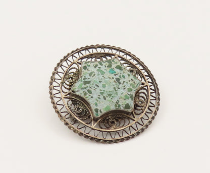 ISRAEL 925 Silver  Vintage Crushed Chrysocolla Star Wire Brooch Pin  BP10284