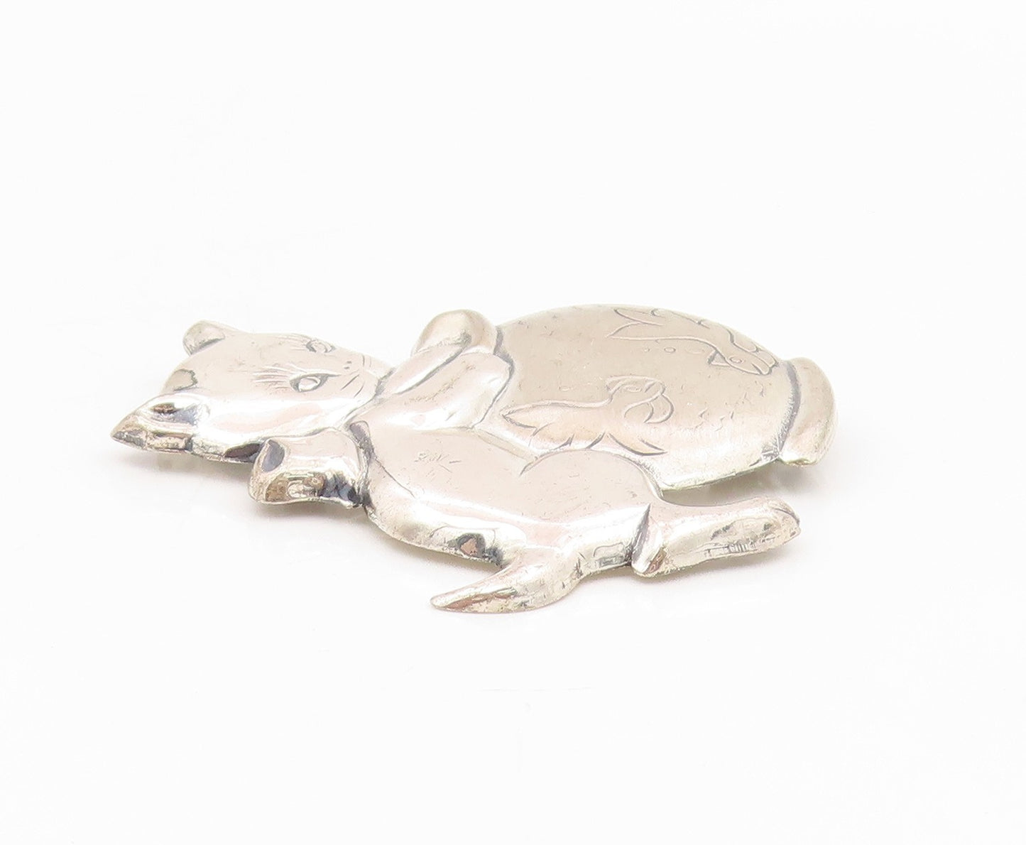 925 Sterling Silver Vintage Brooch Etched Kitten Hugging Fishbowl Pin  BP12111