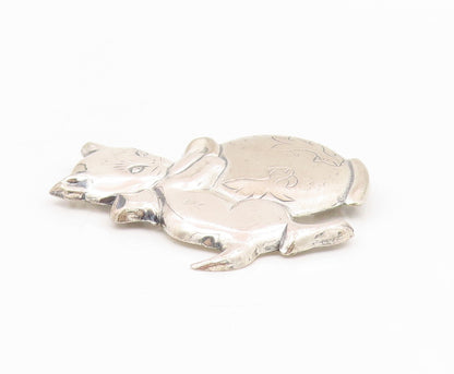 925 Sterling Silver Vintage Brooch Etched Kitten Hugging Fishbowl Pin  BP12111