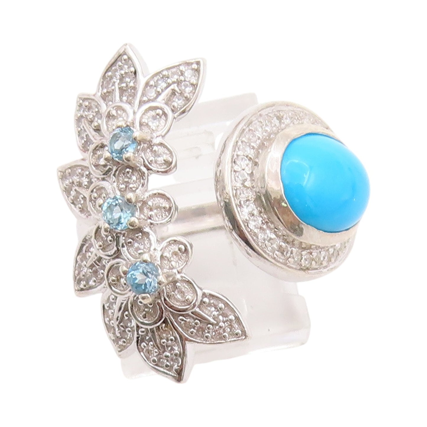 925 Sterling Silver Vintage Ring Designer Larimar & CZ Floral Cut  Sz 6  RG32499