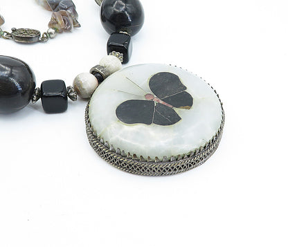 Solid Silver Vintage Multi Gemstone Butterfly Beaded Necklace NE1003
