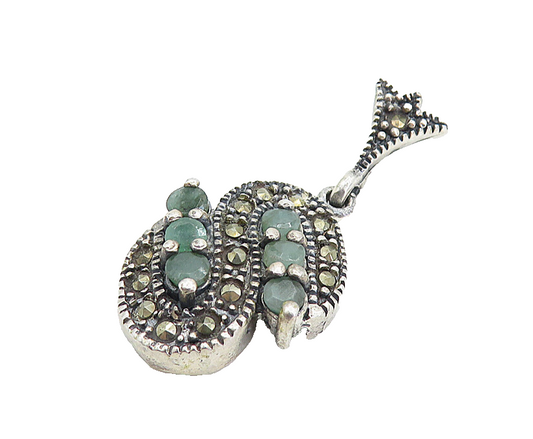 925 Sterling Silver  Vintage Emerald & Marcasite S Swirl Drop Pendant  PT6088