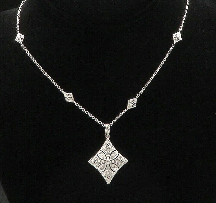 925 Sterling Silver  Vintage Genuine Diamonds Floral Chain Necklace  NE3256