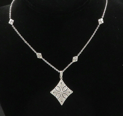 925 Sterling Silver  Vintage Genuine Diamonds Floral Chain Necklace  NE3256