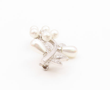 925 Silver  Vintage Cubic Zirconia & Cultured Pearls Flower Brooch Pin  BP9770