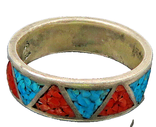 CAROLYN POLLACK 925 Silver  Vintage Turquoise & Coral Band Ring Sz 10  RG21818