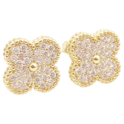 925 Sterling Silver Vintage Earrings Gold Plated CZ Lucy Clover Stud  EG14516