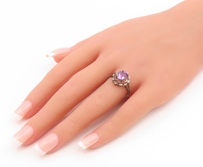 925 Sterling Silver Vintage Ring Oval Cut Amethyst Floral Cutout  Sz 8  RG35084